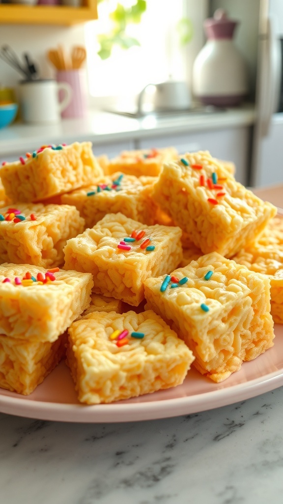 A plate of classic rice crispy treats, cut into squares, some topped with sprinkles, on a bright kitchen counter.